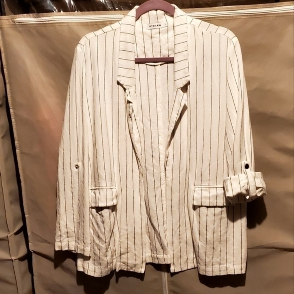 Stelen White Cotton Linen Open Blazer Jacket Roll Tab Sleeves Pinstripe Large - Picture 6 of 9